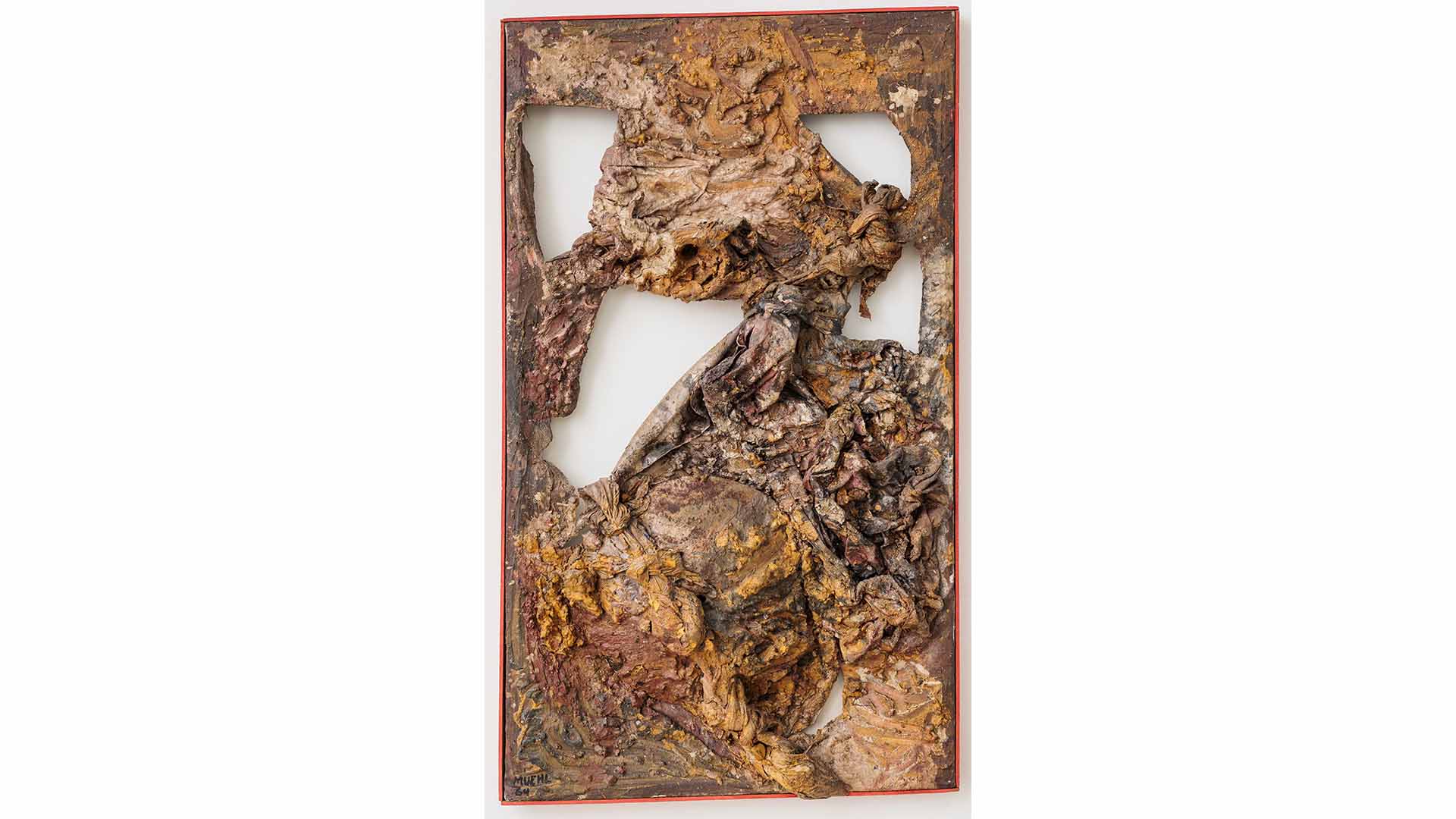 Otto Muehl, Untitled, 1964, Dispersion, canvas, fabric and other materials on wooden frames, 115 x 67 cm, Ph. Konzett Collection, Vienna, Photo: Simon Veres, © Bildrecht, Vienna 2026