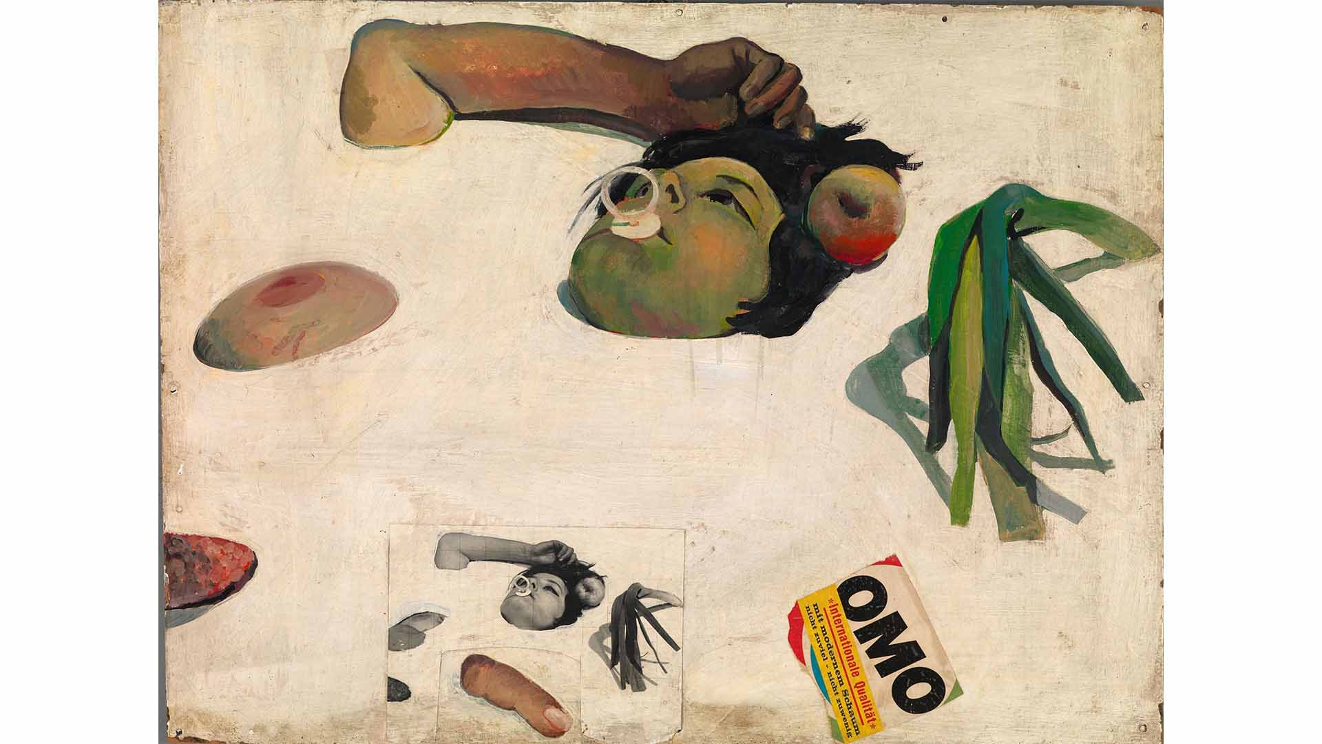 Otto Muehl, Nahrungsmitteltest, 1966, Wooden frame with panel, collaged, oil painting, 59.5 x 80 cm, Julius Hummel Collection, Vienna, Photo: Galerie Hummel, © Bildrecht, Vienna 2026