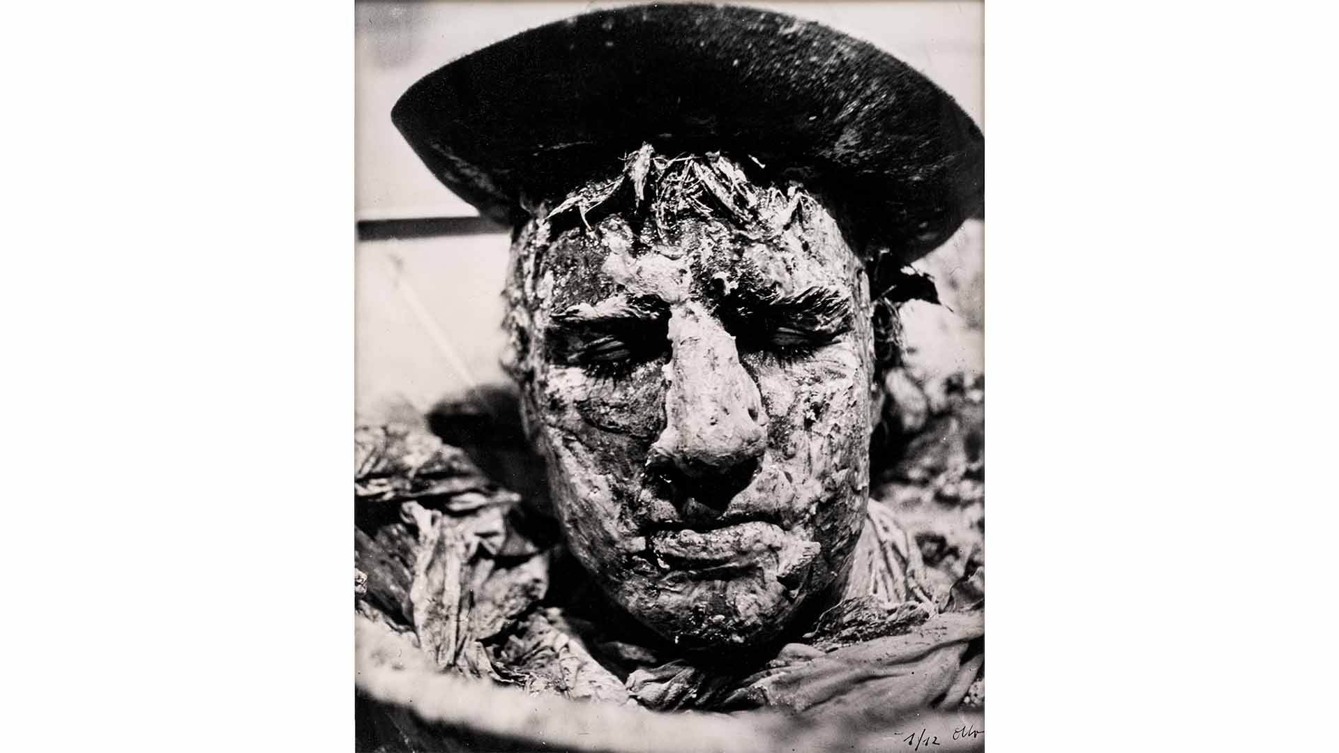 Otto Muehl, Material Action No. 24, Head, 1965, Black and white photograph, Photo: Simon Veres, © Bildrecht, Vienna 2026